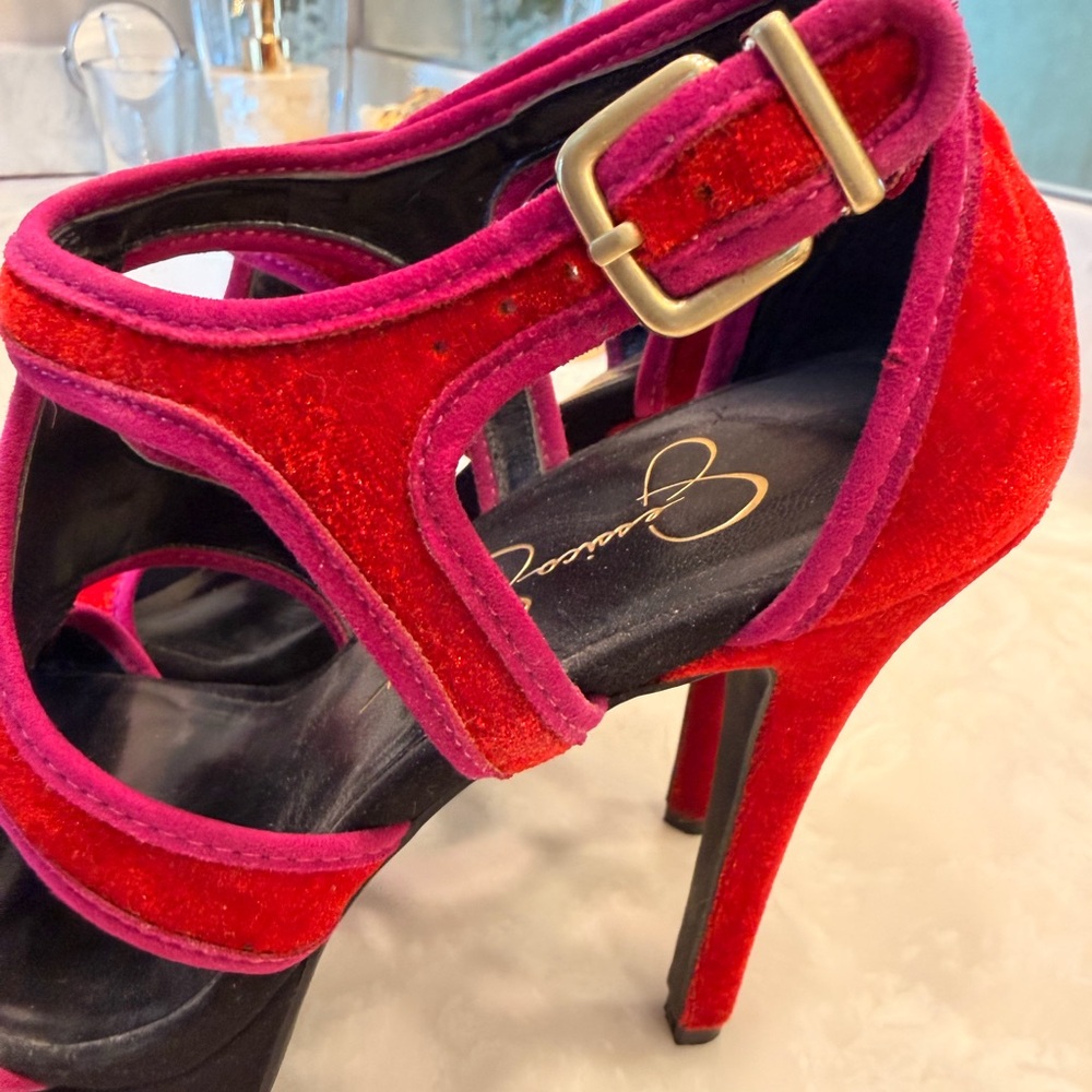Jessica Simpson BRUNO Very Red Velvet Platforms Strappy Heels Shoes, 7M - Picture 8 of 12